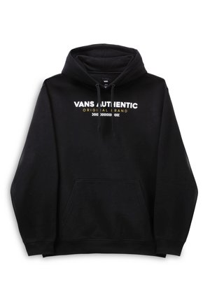 Felpa nera Vans con tasca frontale, cappuccio con coulisse e testo "VANS AUTHENTIC ORIGINAL BRAND" in bianco e giallo sul petto.