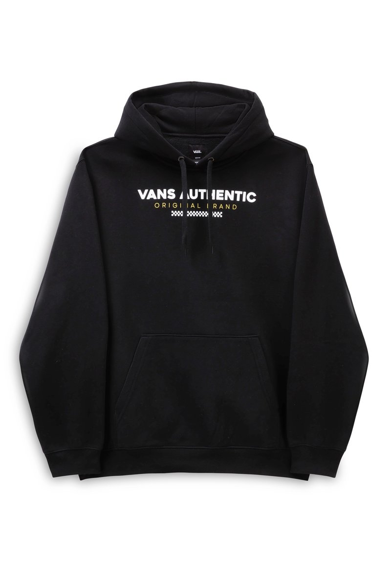 Černá mikina Vans s přední kapsou, kapucí na šňůrku a bílým a žlutým textem "VANS AUTHENTIC ORIGINAL BRAND" na hrudi.