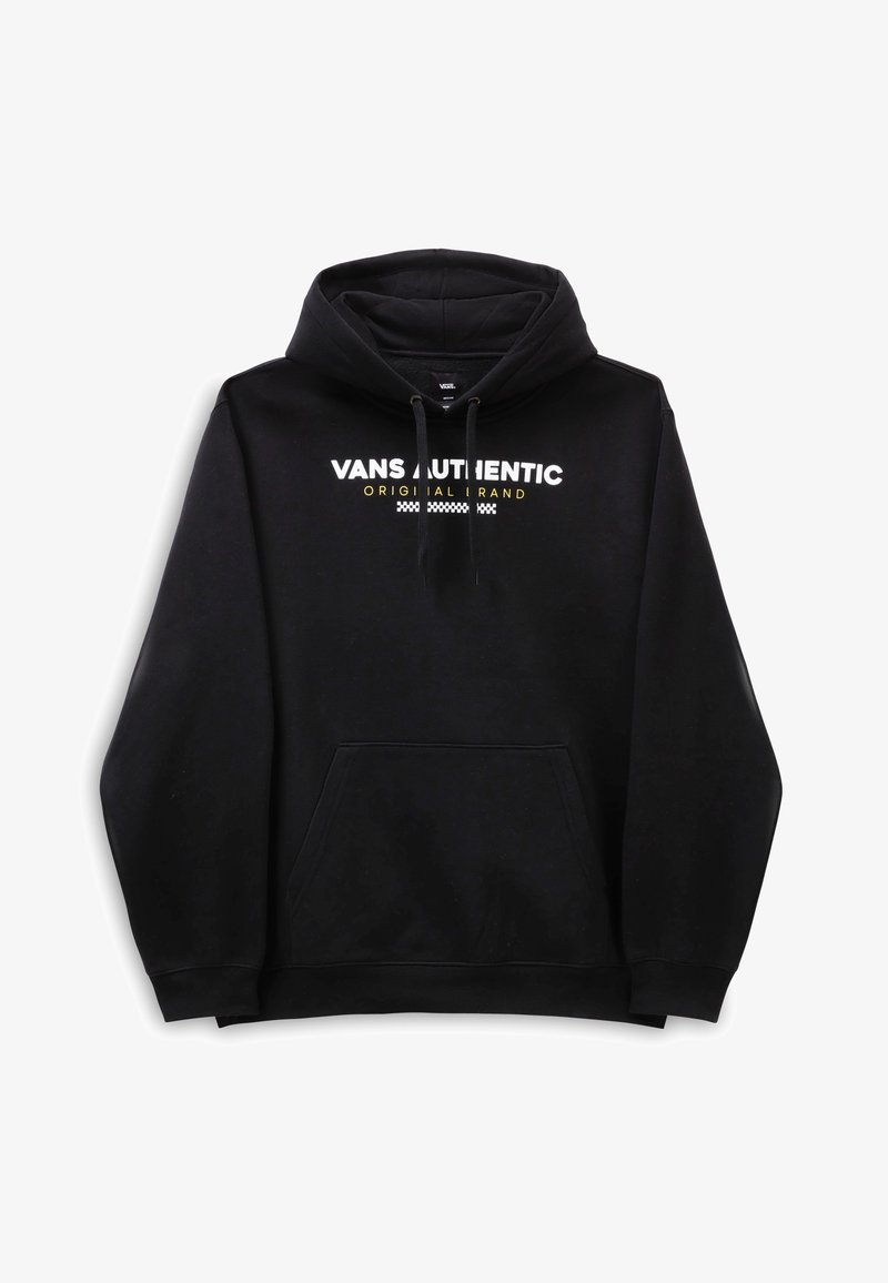 Černá mikina Vans s přední kapsou, kapucí na šňůrku a bílým a žlutým textem "VANS AUTHENTIC ORIGINAL BRAND" na hrudi.