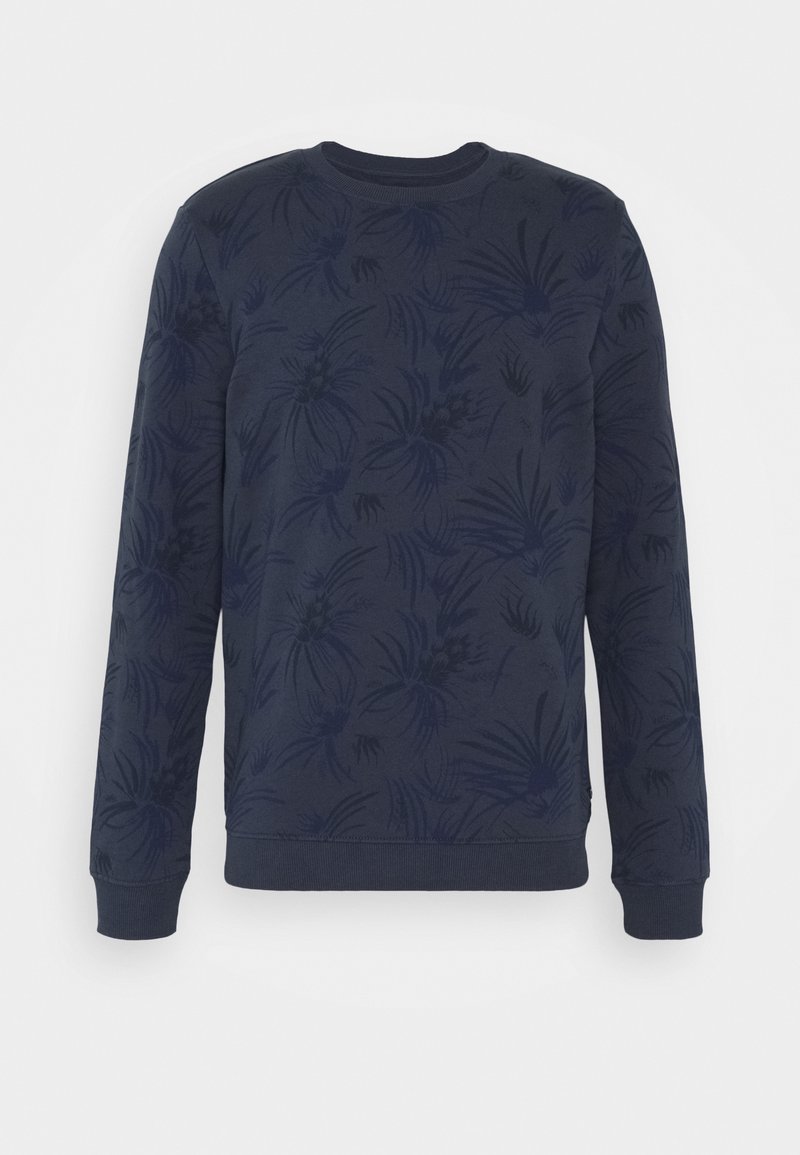 Felpa blu navy in cotone morbido, con un motivo floreale texturizzato, maniche lunghe e collo e polsini a costine.