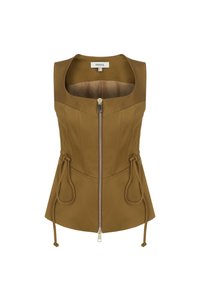 Top senza maniche marrone realizzato in tessuto liscio, con una zip frontale, coulisse laterali e un design aderente che presenta cuciture verticali.