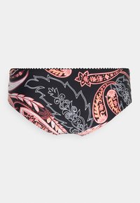 Parte de baixo de bikini preta com um padrão paisley em rosa, vermelho e branco. Apresenta bordas em forma de onda e um tecido liso e elástico.