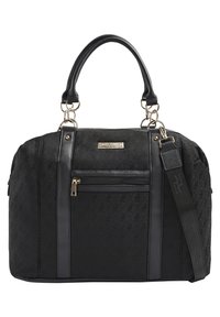 Sac à main noir avec tissu texturé, accents en simili cuir, poche frontale zippée, double poignée supérieure et une bandoulière amovible. Détails en métal doré.