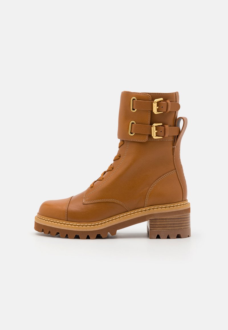 Brown leather ankle boot with lace closure, two gold buckles, rounded toe, chunky mid-heel, and rugged sole for traction.