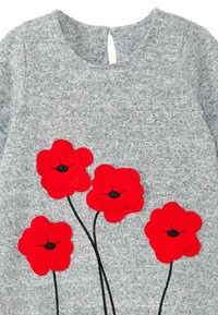 Siv prepletan izdelek s rdečimi filcanimi cvetovi z črnimi središči, razporejenimi na sprednji strani. Podrobnost v obliki ključavnice na zadnjem izrezu.