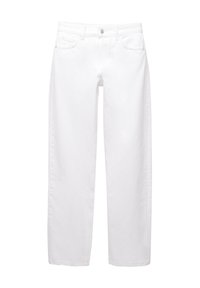 Jean blanc à jambes droites avec fermeture à boutons et à glissière à l'avant, passants pour ceinture, et poches avant et arrière.