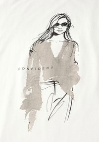 T-shirt blanc avec un croquis monochromatique d'une femme aux longs cheveux, portant des lunettes de soleil, et le texte "CONFIANT" en dessous de l'illustration.