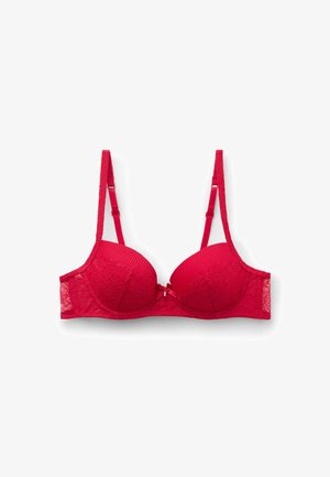 Roter Spitzen-BH mit gepolsterten Cups, geripptem Textur, verstellbaren Trägern, zartem Schleifchen in der Mitte und durchsichtigen Spitzenseiten.