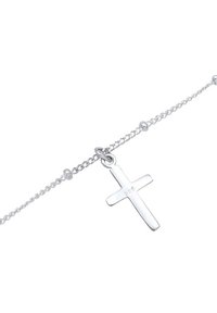 Silver chain bracelet featuring a simple cross pendant, inscribed with "925." The chain has a twisted texture with small bead accents.