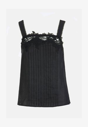 Top negru fără mâneci cu bretele late, pliuri verticale și detalii din dantelă florală de-a lungul decolteului pătrat și a zonei superioare a pieptului.
