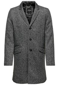 Manteau en mélange de laine grise avec un col, trois boutons à l'avant, deux poches latérales et une texture simple. Conçu pour un ajustement sur mesure.