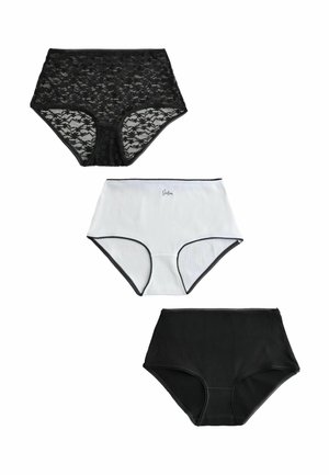 Drei hoch taillierte Damen-Slips: schwarze Spitze, weiße Baumwolle mit kleinem Text und schlichte schwarze Baumwolle, flach liegend auf weißem Hintergrund dargestellt.