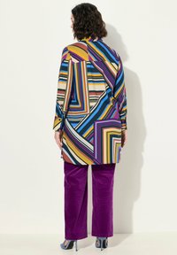 Kleurrijke gestreepte lange shirt van lichtgewicht stof, gecombineerd met paarse corduroy broek en blauwe hakken. Heeft een relaxed fit en een knoopsluiting aan de achterkant.