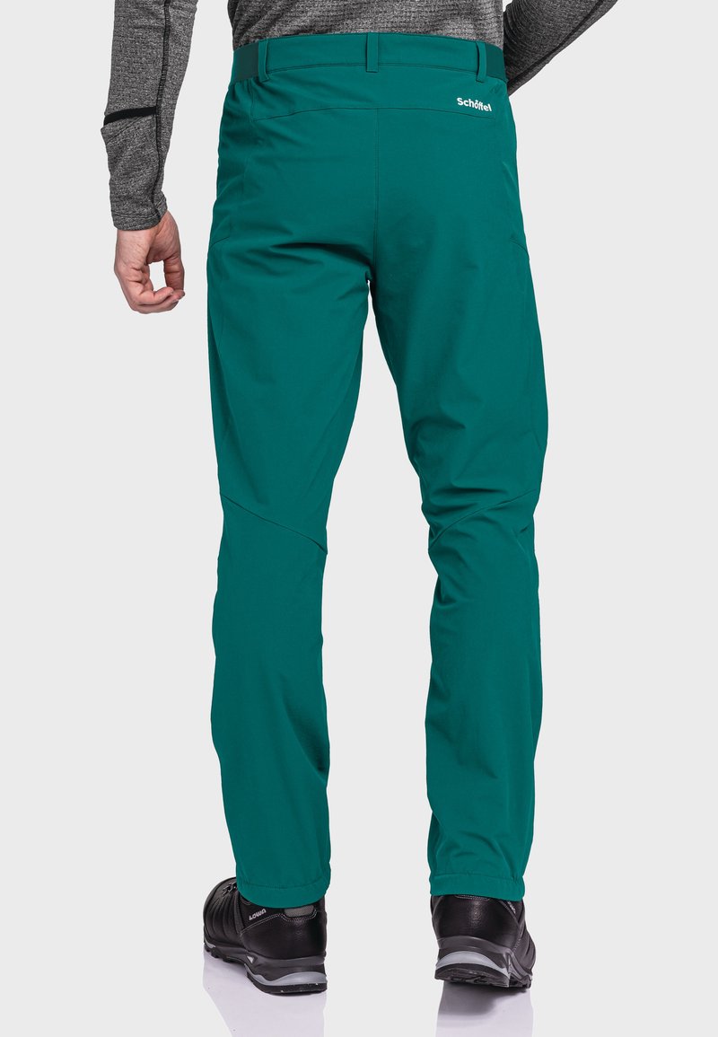 Türkisfarbene Outdoor-Hosen mit einem eleganten Design, gerade geschnitten, mit elastischem Bund und minimalistischen Nähten.