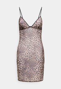 Μίνι φόρεμα με λεοπάρ τύπωμα, λεπτά μαύρα ρυθμιζόμενα λουριά στους ώμους και V-λαιμόκοψη.