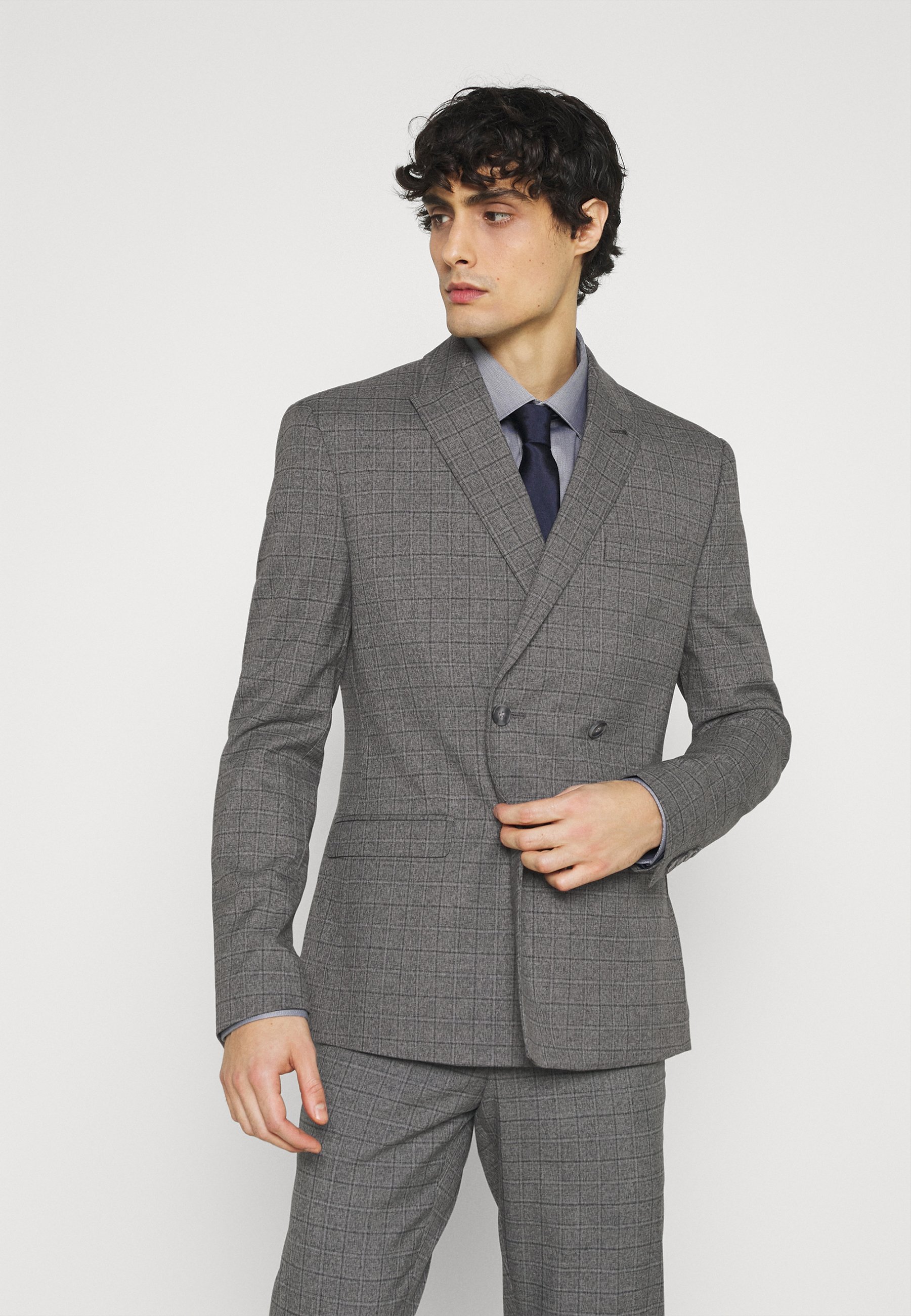 grey double breasted suit
