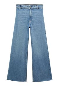Jean en denim bleu à jambes larges, taille haute, fermeture par boutons et passants de ceinture, présenté à plat sur fond blanc.