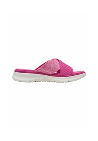 Roze slide sandalen met kruisbandontwerp, textuur bovenwerk, gevoerde witte zool met grip en een sportieve uitstraling.