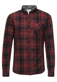 Rot-schwarz kariertes Hemd mit langen Ärmeln, Knopfkragen und Brusttasche; Baumwollstoff mit glatter Textur und klassischer Passform.