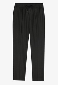 Pantalones de lounge negros hechos de un tejido suave, con cintura elástica y cordón ajustable, y diseño de pernera estrecha.
