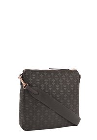 Borsa crossbody grigia scura realizzata in tessuto a fantasia con piccoli motivi floreali, dotata di chiusura a zip e tracolla regolabile. Accenti in oro rosa.