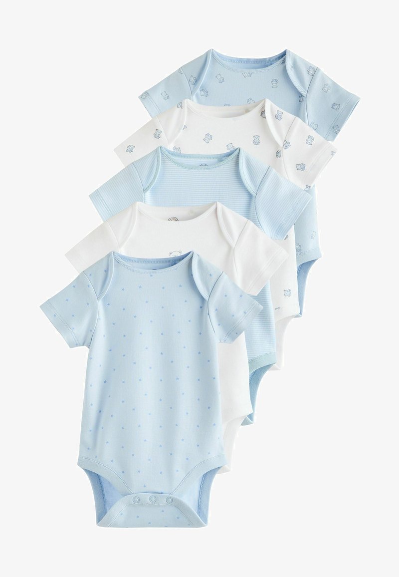 Set aus fünf Kurzarm-Babybodys in hellblau und weiß. Mit Mustern von kleinen Bären und Sternen, aus weichem Baumwollstoff gefertigt.