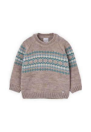 Pull en tricot beige avec un motif en losanges turquoise, blanc et brun. Il possède un col rond et des poignets et un ourlet côtelés.