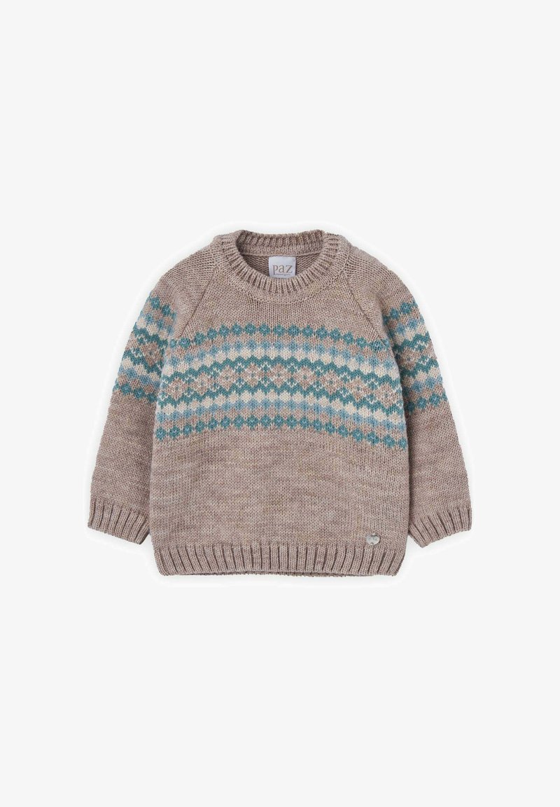 Pull en tricot beige avec un motif en losanges turquoise, blanc et brun. Il possède un col rond et des poignets et un ourlet côtelés.