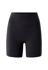 Høj talje sorte shorts lavet af glat, strækbart stof. Har et tætsiddende design med flade sømme og en rund kant for komfort.