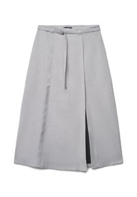 Grauer Rock mit hoher Taille, Gürtelschlaufen, einem abnehmbaren Gürtel und einem Frontschlitz. Hergestellt aus einem strukturierten Stoff mit glatter Oberfläche.