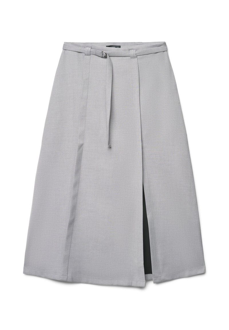 Grauer Rock mit hoher Taille, Gürtelschlaufen, einem abnehmbaren Gürtel und einem Frontschlitz. Hergestellt aus einem strukturierten Stoff mit glatter Oberfläche.