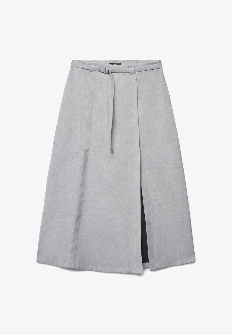 Grauer Rock mit hoher Taille, Gürtelschlaufen, einem abnehmbaren Gürtel und einem Frontschlitz. Hergestellt aus einem strukturierten Stoff mit glatter Oberfläche.