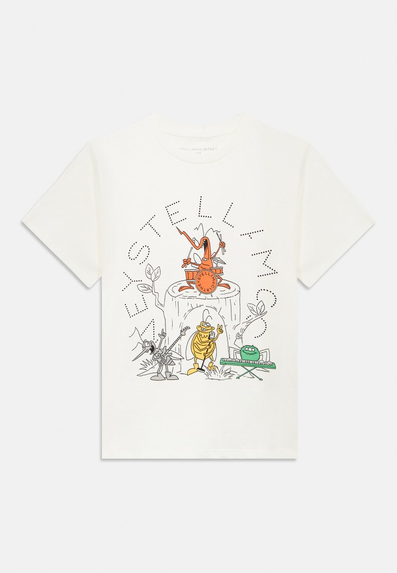 Bela bombažna majica s pisanim risanim motivom likov, ki igrajo instrumente okoli panja, z napisom "Stella McCartney".