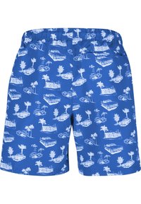 Niebieskie szorty z białymi ilustracjami retro samochodu, palmy, flaminga i budynku, wyposażone w elastyczny pas i tylną kieszeń na zamek.
