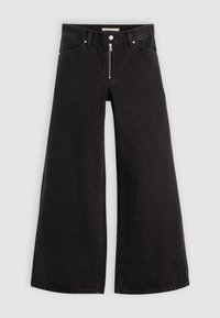 Jeans a gamba larga in denim nero con chiusura a zip, design a cinque tasche e dettagli di cucitura sottili. Texture morbida e stile casual.