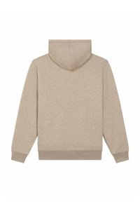 Sweat à capuche beige avec capuche, manches longues, poignets et ourlet côtelés. Fabriqué en matériau doux, avec une texture unie sans motifs.