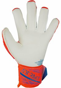 Gant de gardien de but avec une paume en latex blanc et des accents orange vif, doté d'une prise texturée et d'une sangle réglable au poignet pour un ajustement sécurisé.