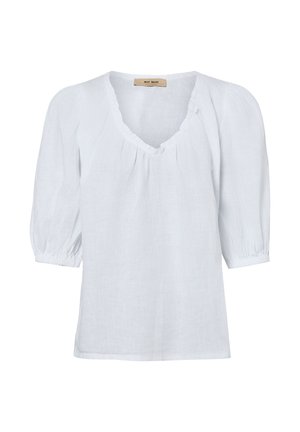 Weiße locker sitzende Bluse mit aufgepufften Dreiviertelärmeln und einem gerafften V-Ausschnitt mit Rüschen-Detail.