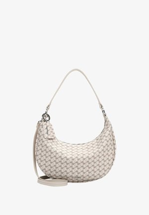 Beige Hobo-Tasche mit geometrischem Muster, glatter Textur, einem gebogenen Griff, Metallakzenten und abnehmbarem Schulterriemen.