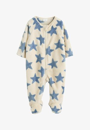 Pelele para bebé de color crema con estampados de estrellas azules, cremallera frontal, mangas largas y pies cubiertos.