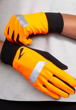 High-visibility gloves with orange fabric, black accents, and reflective strips. Designed for safety with a snug fit and textured grip.