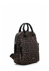 Leopard print backpack with black synthetic leather accents, dual handles, and zipper compartments. Soft texture and structured shape.