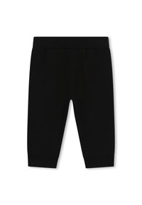 Leggings neri realizzati in tessuto morbido, dotati di un elastico in vita, polsini a costine e una superficie liscia senza fantasie né dettagli.