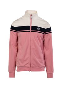 Rosa Trackjacke mit weißem oberen Abschnitt und marineblauen Horizontalstreifen, ausgestattet mit einem Reißverschluss und Logodetail auf der Brust.