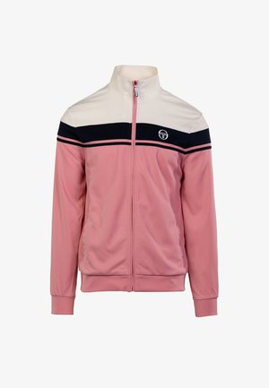 Rosa Trackjacke mit weißem oberen Abschnitt und marineblauen Horizontalstreifen, ausgestattet mit einem Reißverschluss und Logodetail auf der Brust.