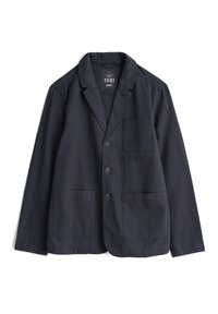 Blazer de bărbați, de culoare bleumarin, fabricat dintr-un material texturat. Include un guler cu revere, închidere cu buton în față și două buzunare mari în față.