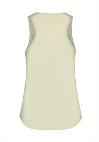 Ljust beige ärmlös topp med rundad halsringning och en mjuk textur. Har en rak fåll och subtila sömmar på baksidan.
