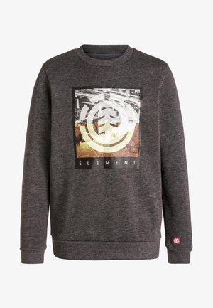 Sudadera a giro scuro con collo rotondo e una grande grafica quadrata di un design circolare astratto con la parola "ELEMENT" sotto di essa.