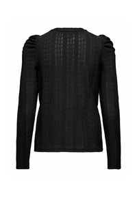 Svart langermet topp med teksturert stoff, med vertikale striper og subtile blomster mønstre. Puff skuldre design forsterker strukturen.