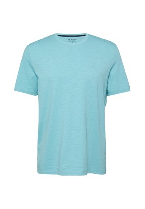 Hellblaues T-Shirt mit kurzen Ärmeln und Rundhalsausschnitt, dezente Struktur, ohne Muster oder Grafiken, vor weißem Hintergrund dargestellt.